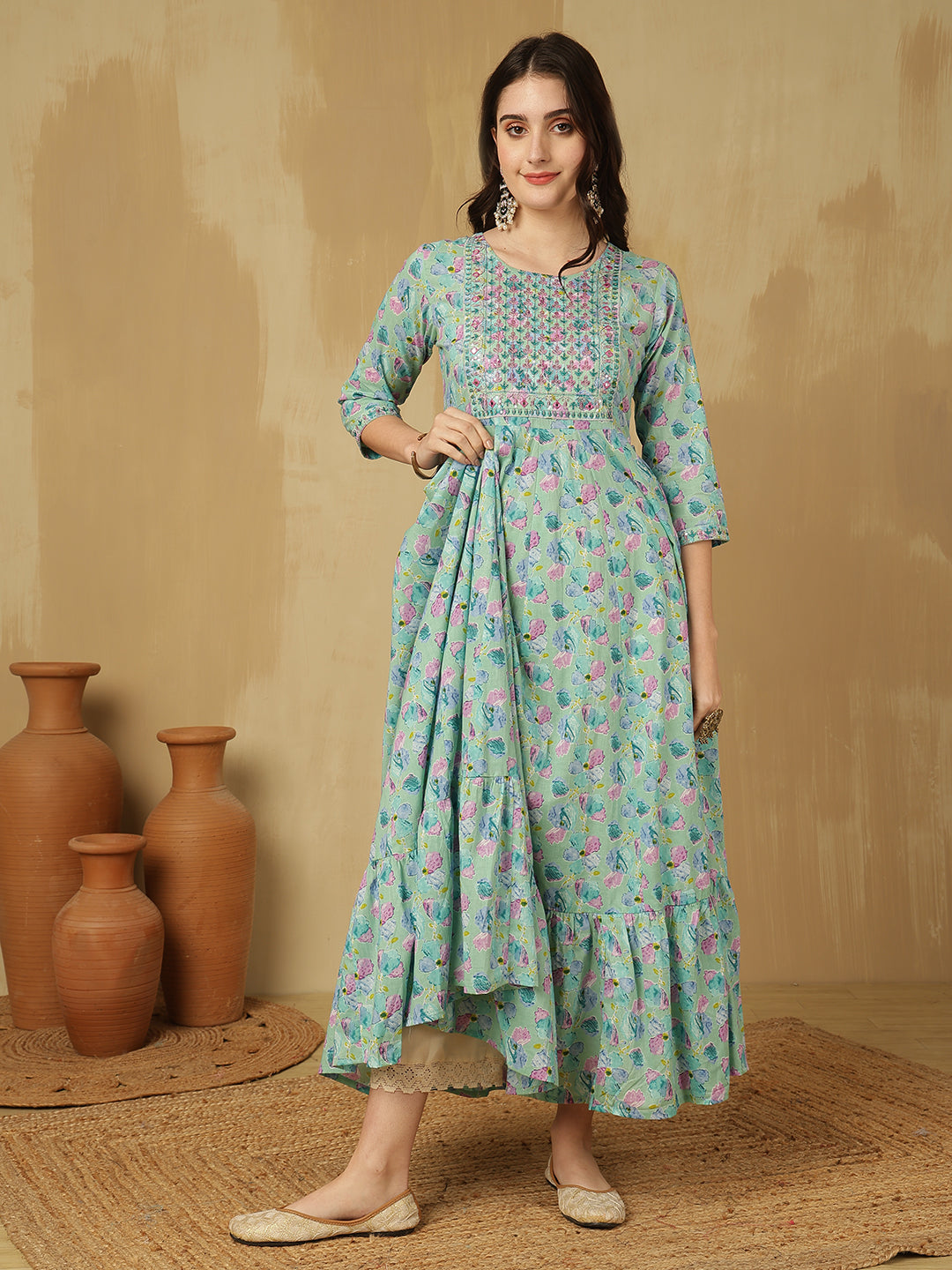 Women Embroidered Cotton Printed Ankle Length Round Neck Tiered Kurta