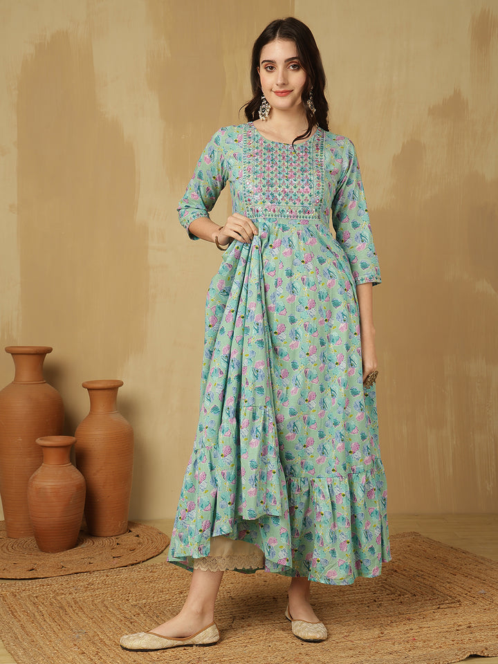 Women Embroidered Cotton Printed Ankle Length Round Neck Tiered Kurta
