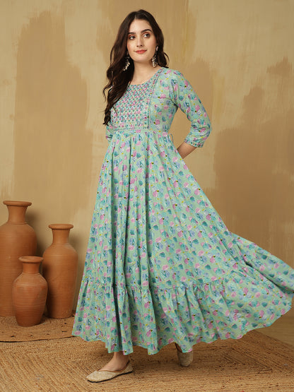 Women Embroidered Cotton Printed Ankle Length Round Neck Tiered Kurta
