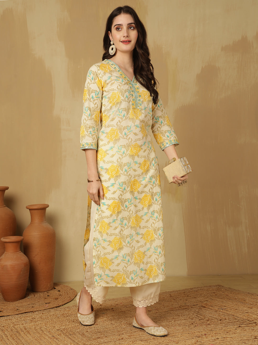 Women Embroidered Cotton Printed Calf Length V-Neck Straight Kurta