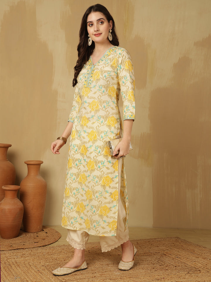 Women Embroidered Cotton Printed Calf Length V-Neck Straight Kurta