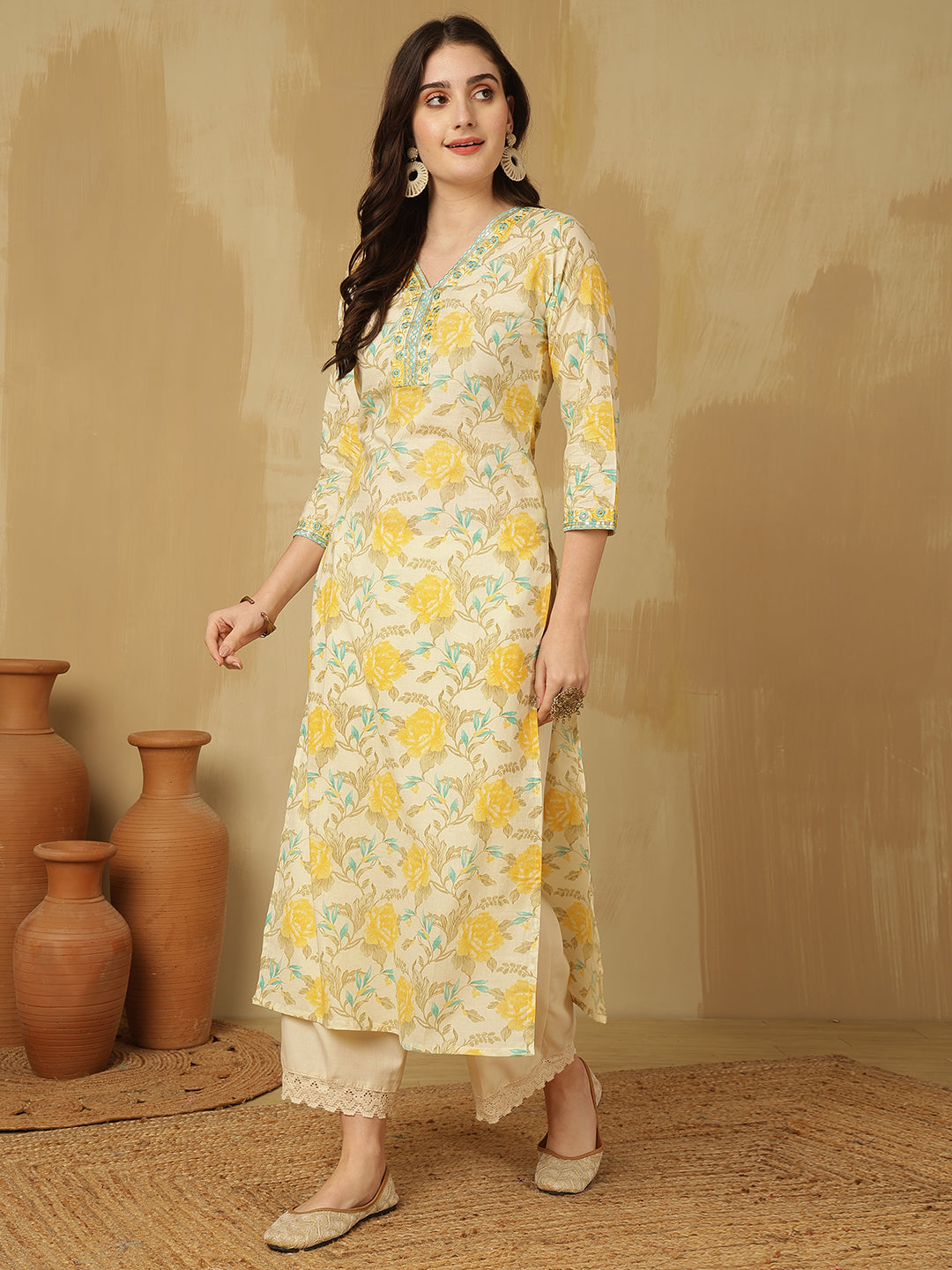 Women Embroidered Cotton Printed Calf Length V-Neck Straight Kurta