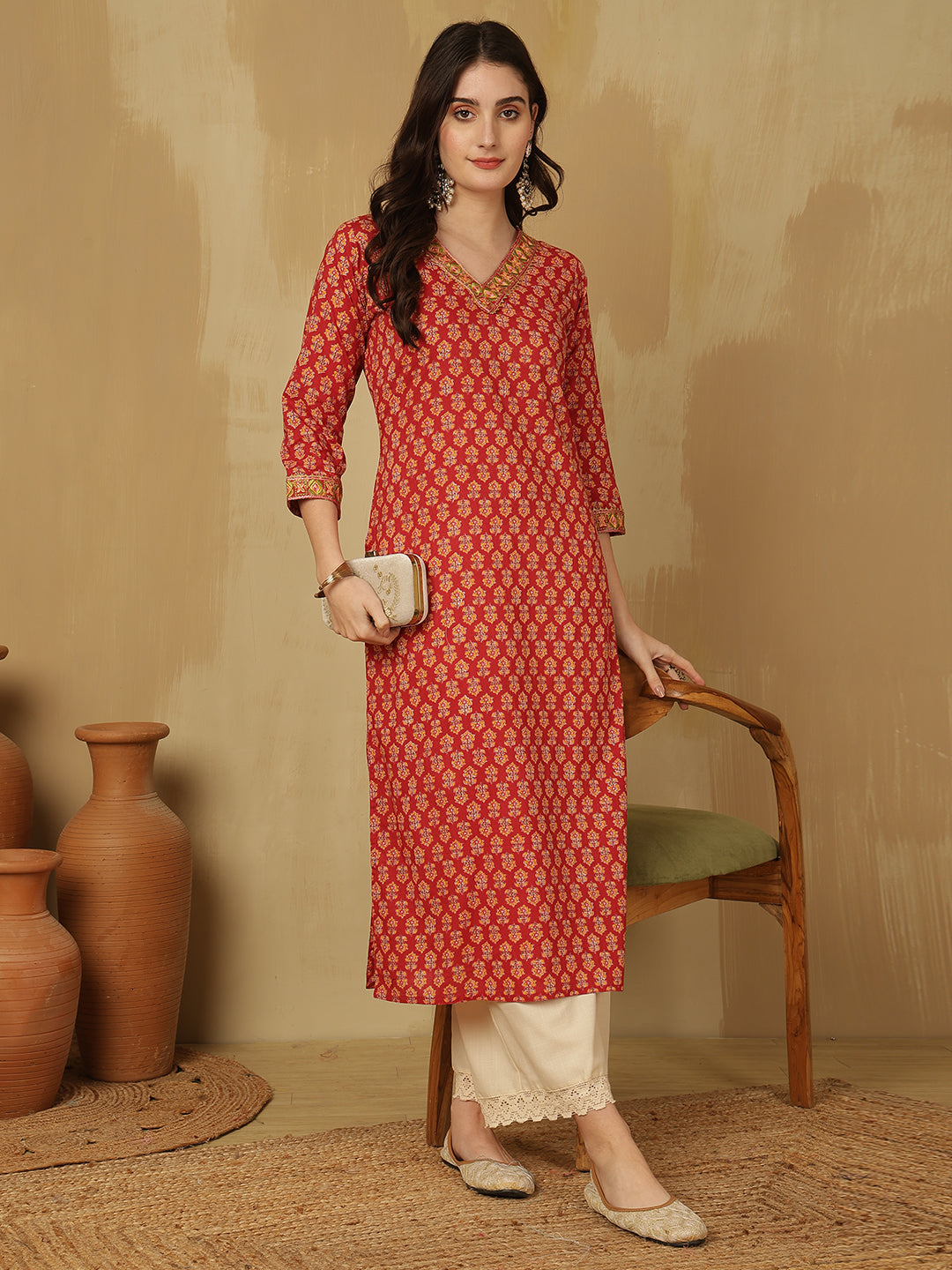 Women Embroidered Cotton Printed Calf Length V-Neck Straight Kurta