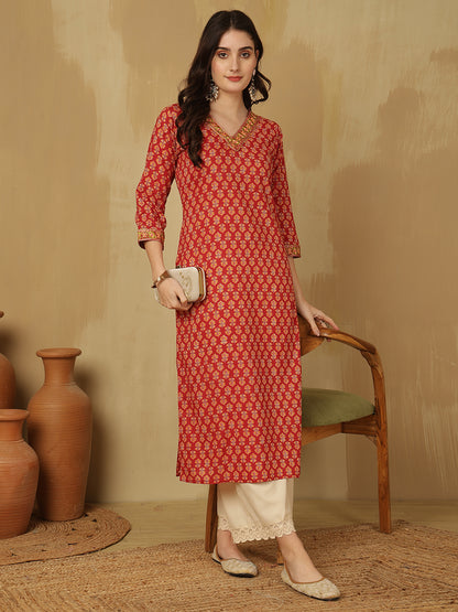 Women Embroidered Cotton Printed Calf Length V-Neck Straight Kurta