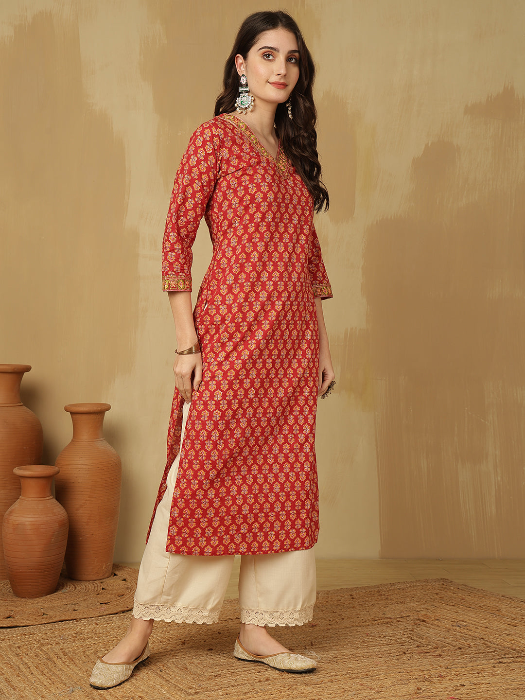 Women Embroidered Cotton Printed Calf Length V-Neck Straight Kurta
