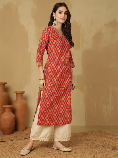Women Embroidered Cotton Printed Calf Length V-Neck Straight Kurta