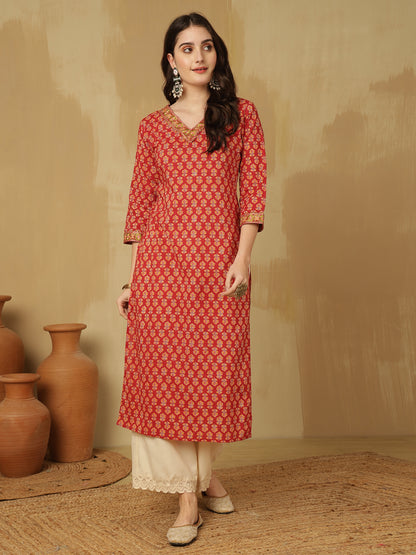 Women Embroidered Cotton Printed Calf Length V-Neck Straight Kurta