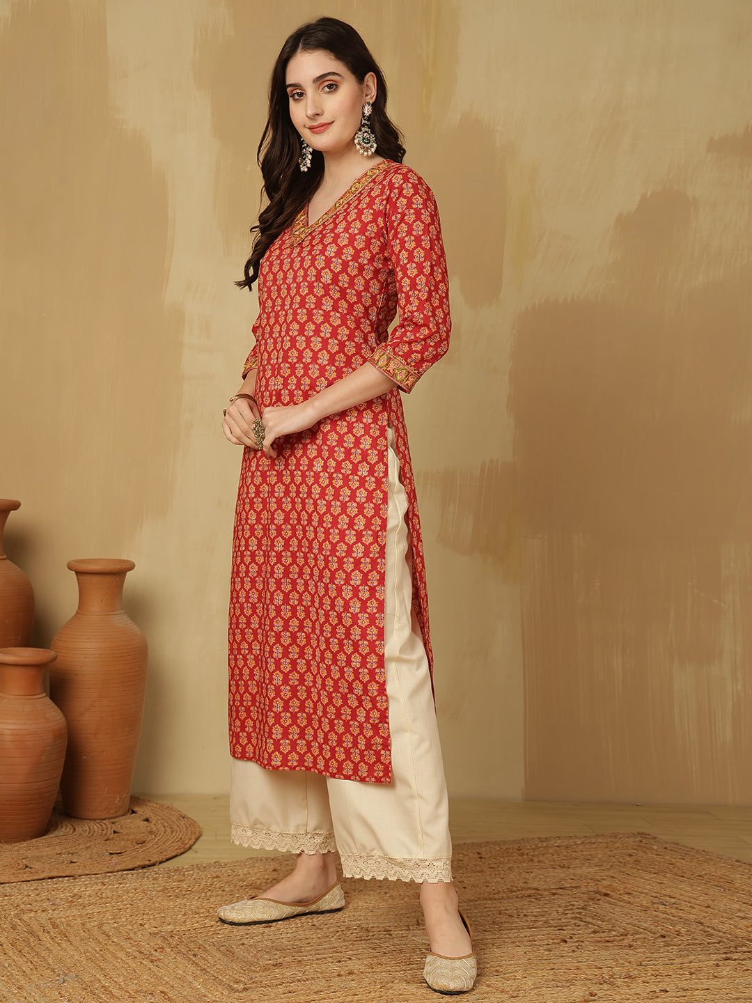 Women Embroidered Cotton Printed Calf Length V-Neck Straight Kurta