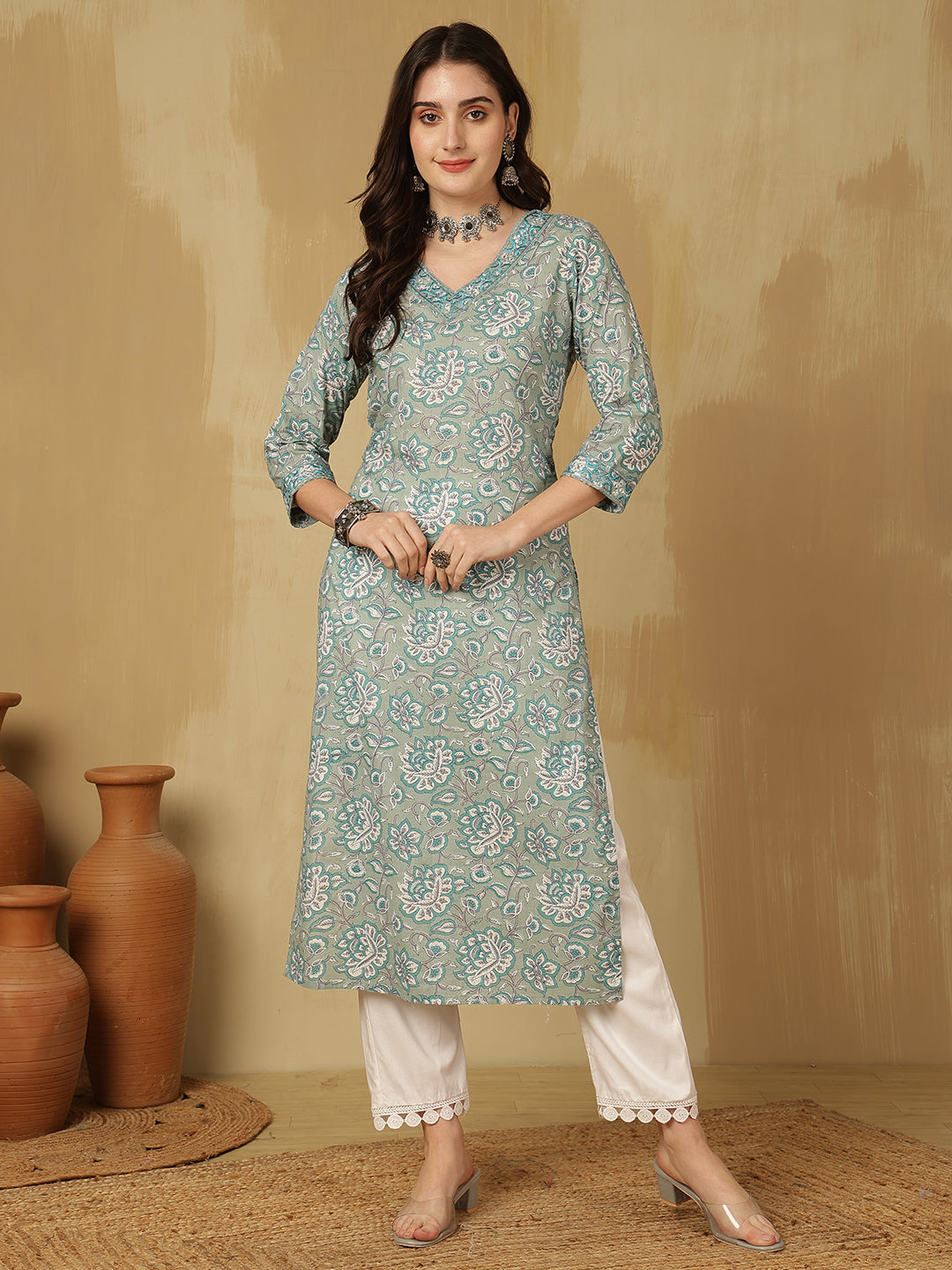 Women Embroidered Cotton Printed Calf Length V-Neck Straight Kurta