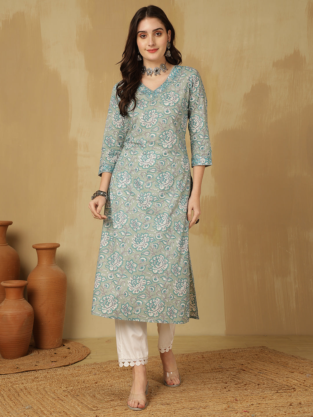 Women Embroidered Cotton Printed Calf Length V-Neck Straight Kurta
