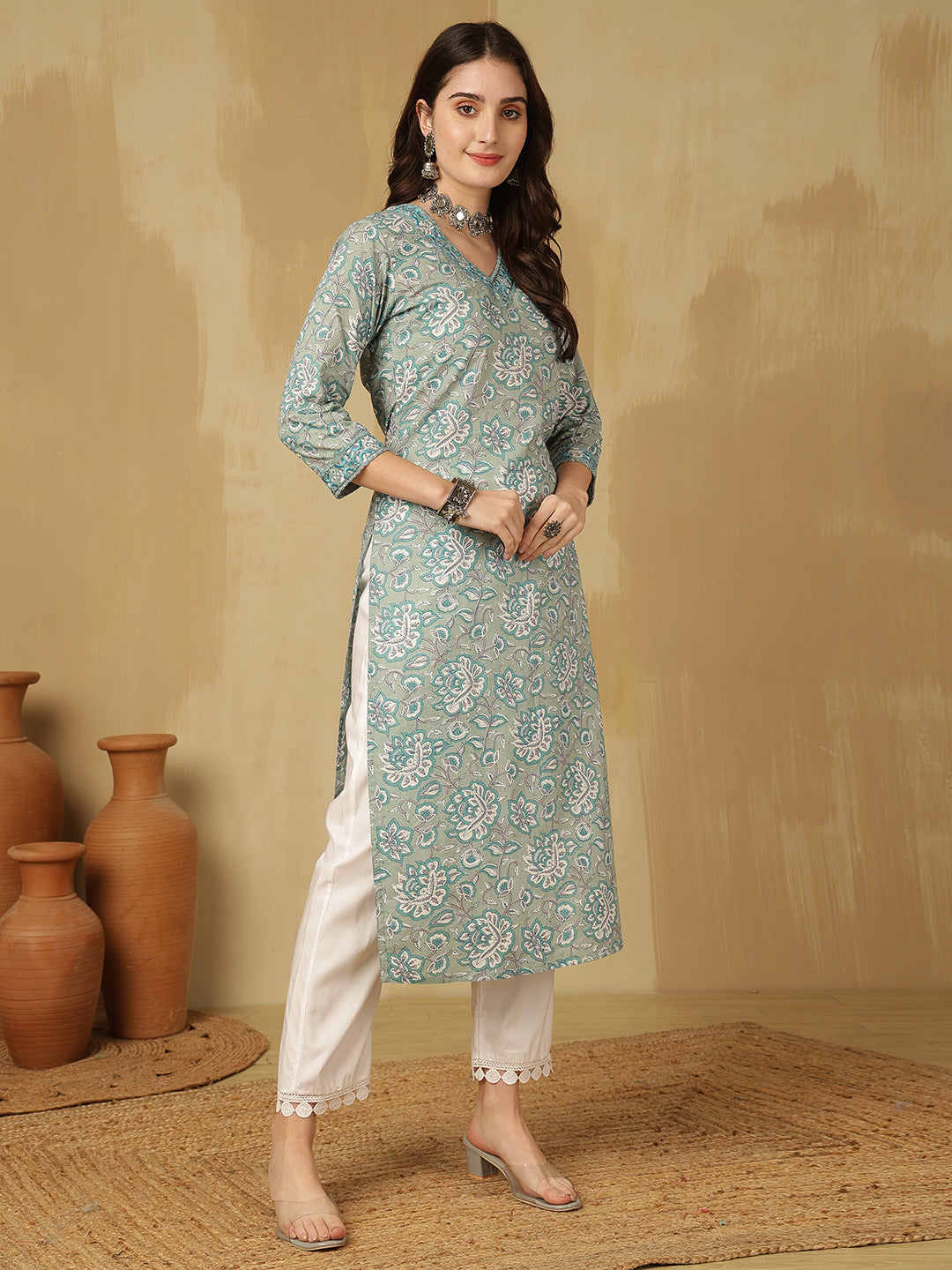 Women Embroidered Cotton Printed Calf Length V-Neck Straight Kurta