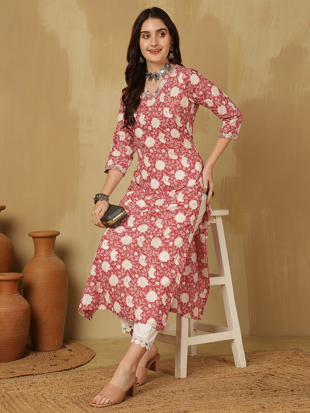 Women Embroidered Cotton Printed Calf Length V-Neck Straight Kurta