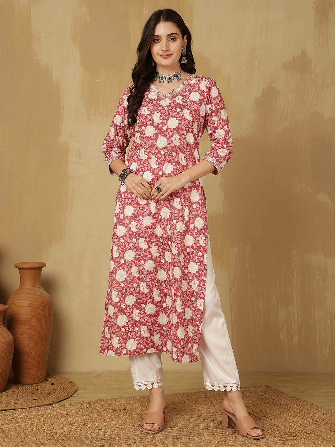 Women Embroidered Cotton Printed Calf Length V-Neck Straight Kurta