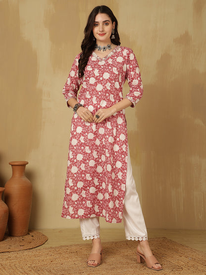 Women Embroidered Cotton Printed Calf Length V-Neck Straight Kurta