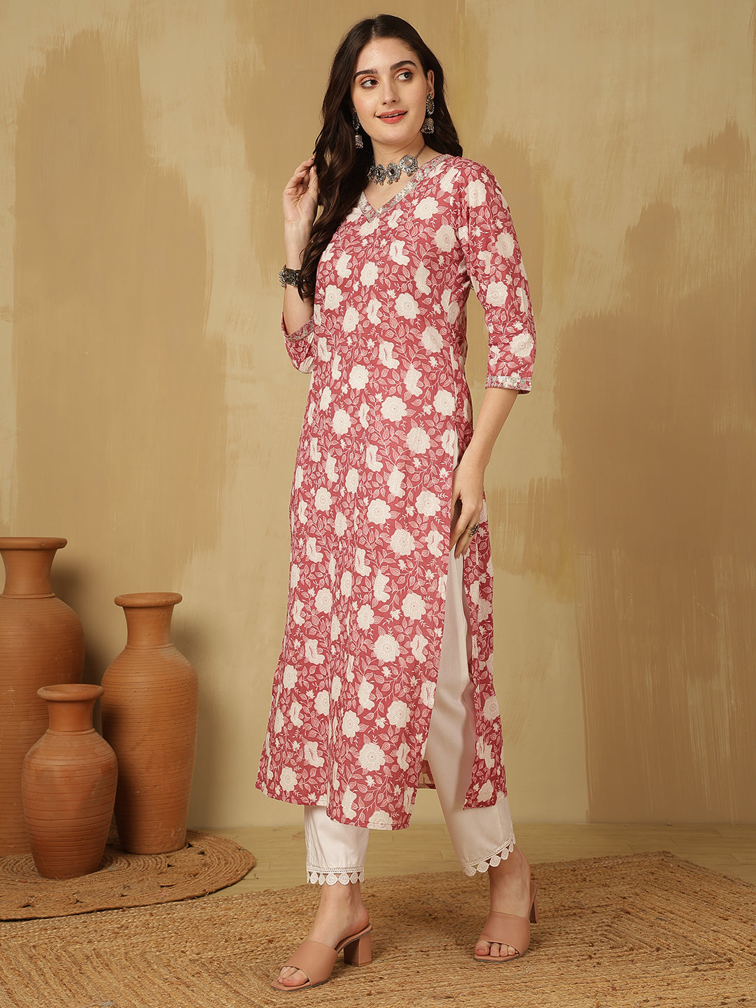Women Embroidered Cotton Printed Calf Length V-Neck Straight Kurta