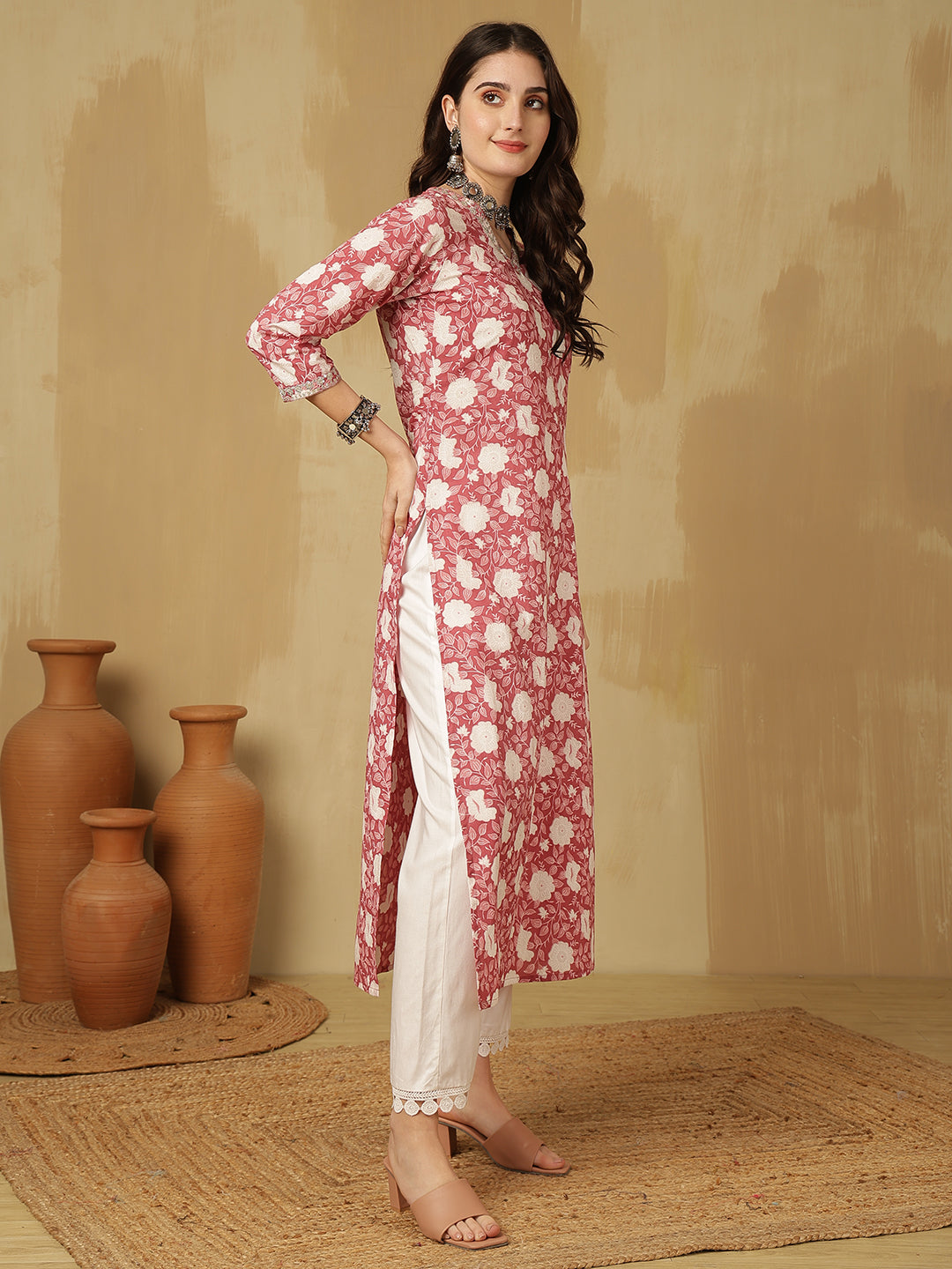 Women Embroidered Cotton Printed Calf Length V-Neck Straight Kurta