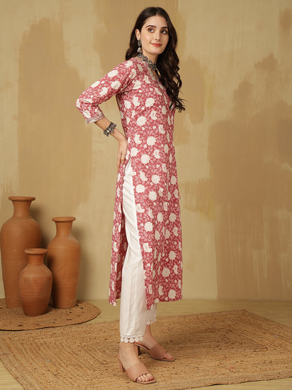 Women Embroidered Cotton Printed Calf Length V-Neck Straight Kurta