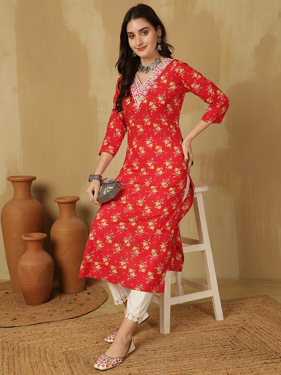 Women Embroidered Cotton Printed Calf Length V-Neck Straight Kurta