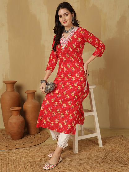 Women Embroidered Cotton Printed Calf Length V-Neck Straight Kurta