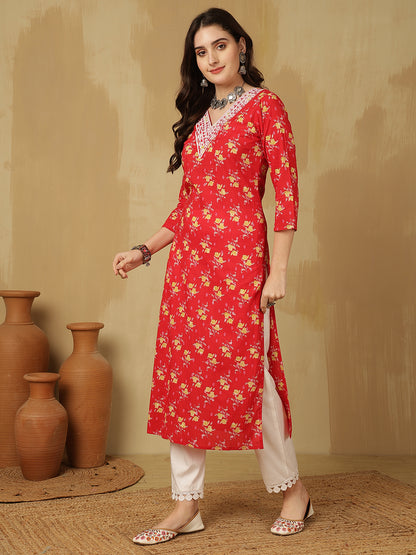 Women Embroidered Cotton Printed Calf Length V-Neck Straight Kurta