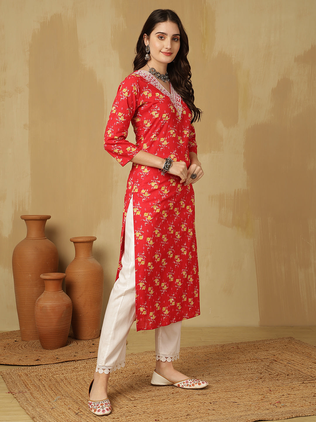 Women Embroidered Cotton Printed Calf Length V-Neck Straight Kurta