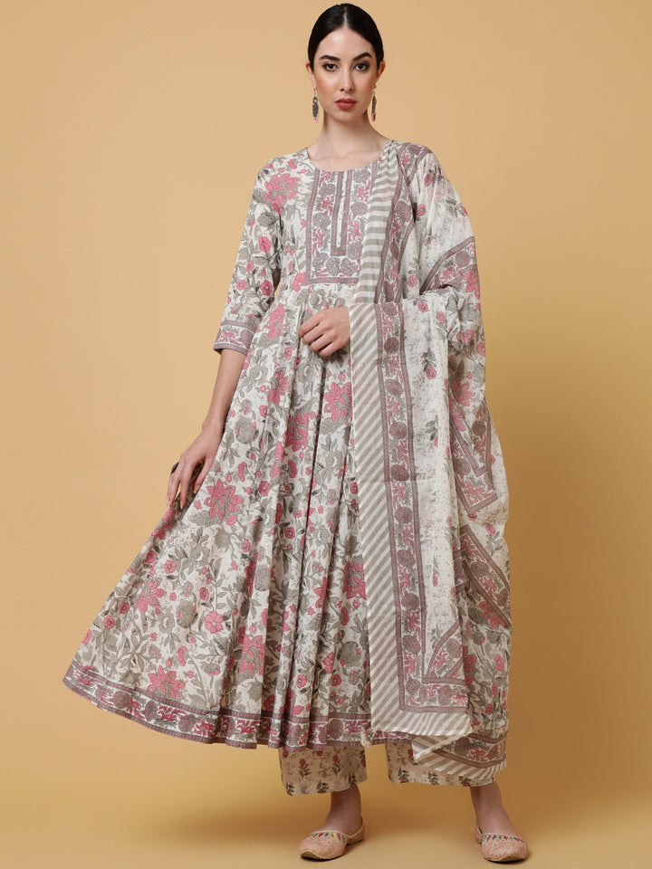Cotton Calf Length Printed Flared 3/4 Sleeves Round Kurta Bottom Dupatta Set