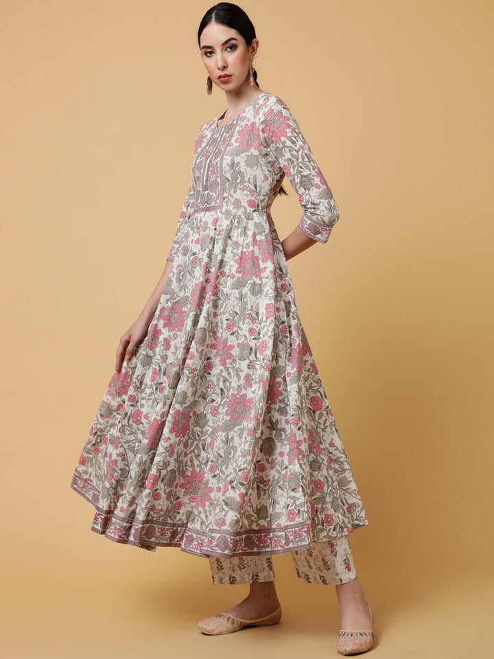 Cotton Calf Length Printed Flared 3/4 Sleeves Round Kurta Bottom Dupatta Set