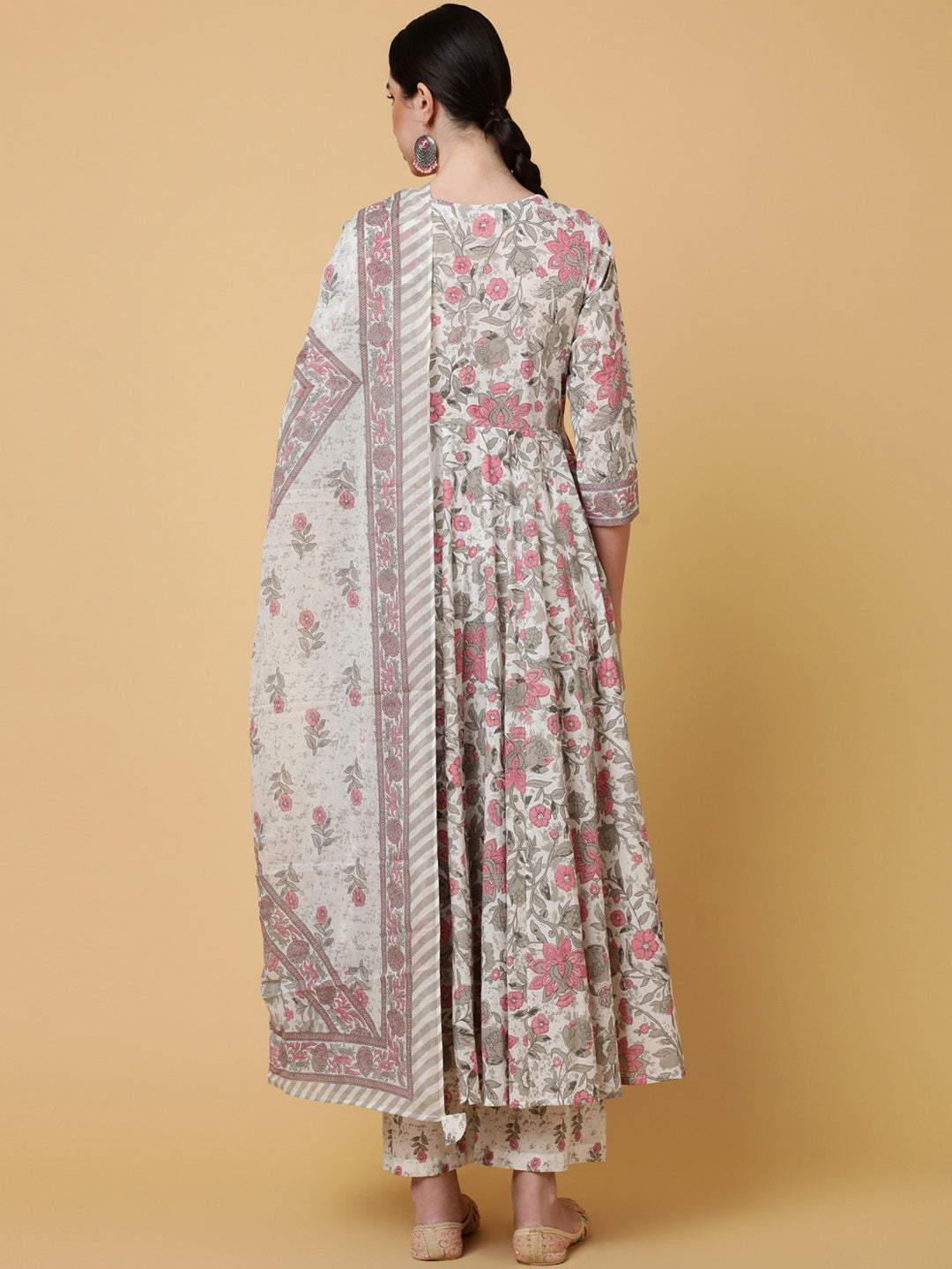 Cotton Calf Length Printed Flared 3/4 Sleeves Round Kurta Bottom Dupatta Set