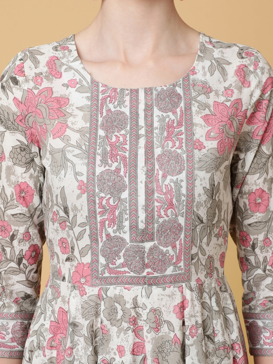 Cotton Calf Length Printed Flared 3/4 Sleeves Round Kurta Bottom Dupatta Set