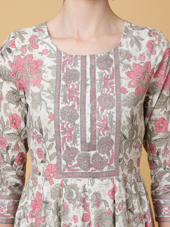Cotton Calf Length Printed Flared 3/4 Sleeves Round Kurta Bottom Dupatta Set