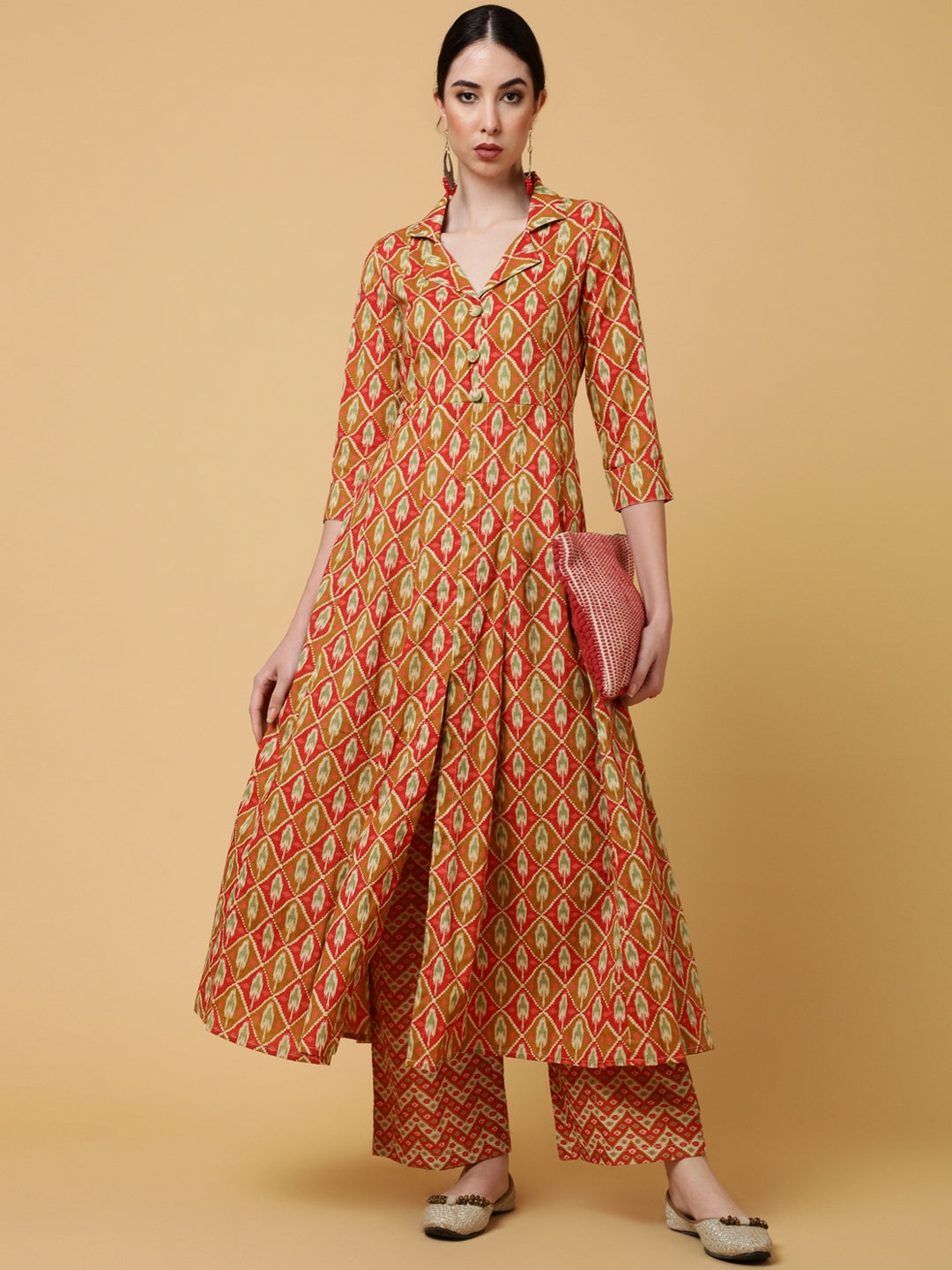 Cotton Calf Length Printed Flared 3/4 Sleeves Collar Kurta Bottom Set