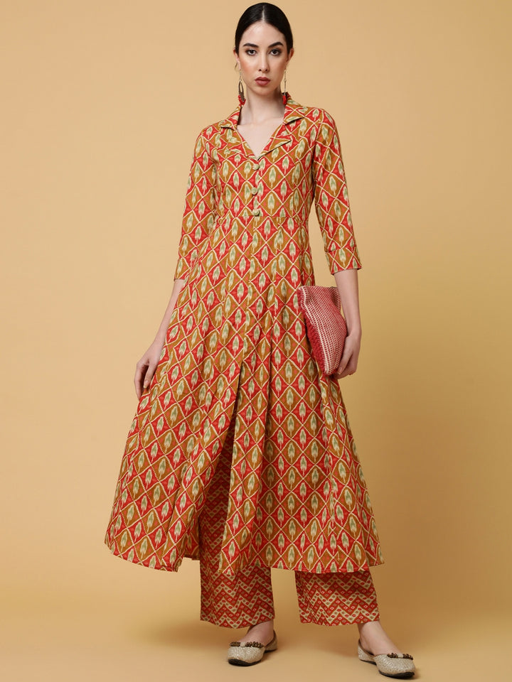 Cotton Calf Length Printed Flared 3/4 Sleeves Collar Kurta Bottom Set