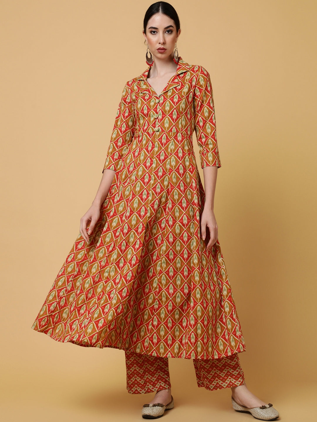 Cotton Calf Length Printed Flared 3/4 Sleeves Collar Kurta Bottom Set