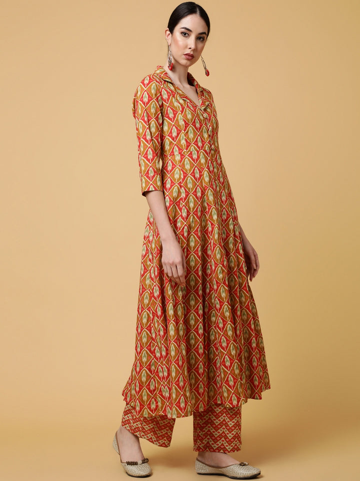 Cotton Calf Length Printed Flared 3/4 Sleeves Collar Kurta Bottom Set