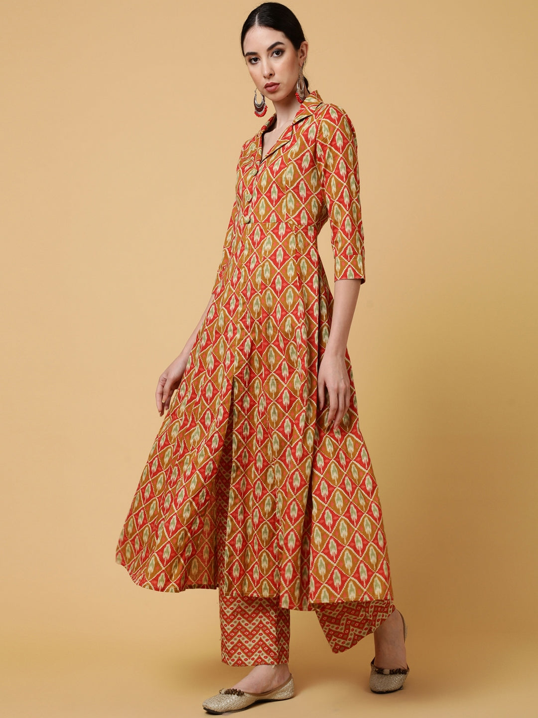 Cotton Calf Length Printed Flared 3/4 Sleeves Collar Kurta Bottom Set
