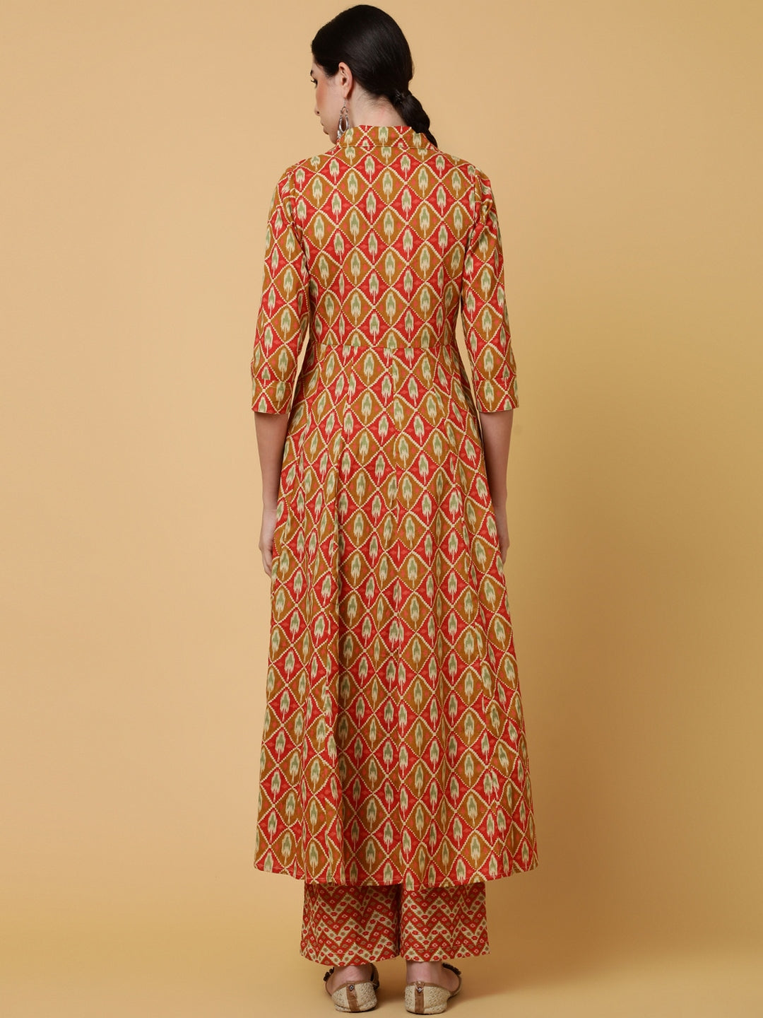 Cotton Calf Length Printed Flared 3/4 Sleeves Collar Kurta Bottom Set