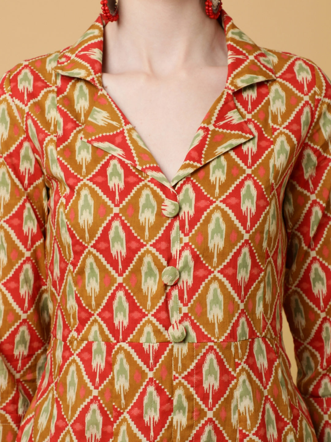 Cotton Calf Length Printed Flared 3/4 Sleeves Collar Kurta Bottom Set
