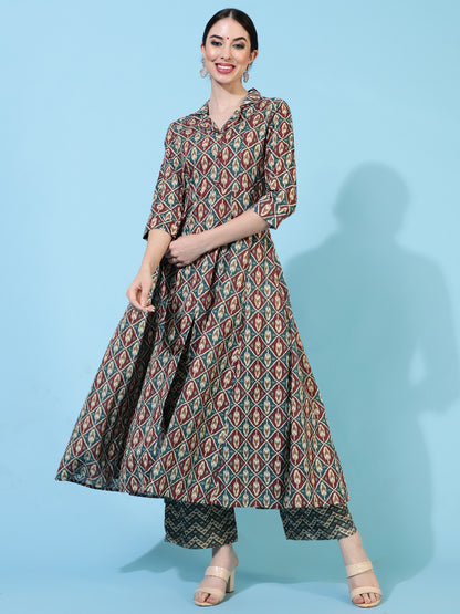Cotton Calf Length Printed Flared 3/4 Sleeves Collar Kurta Bottom Set