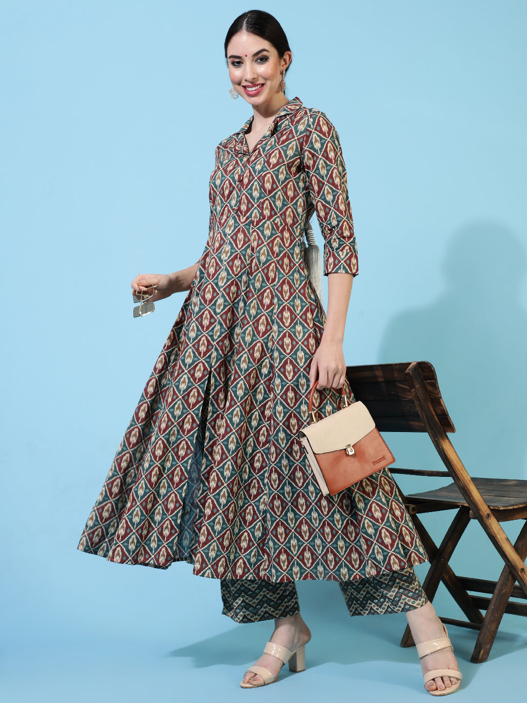 Cotton Calf Length Printed Flared 3/4 Sleeves Collar Kurta Bottom Set