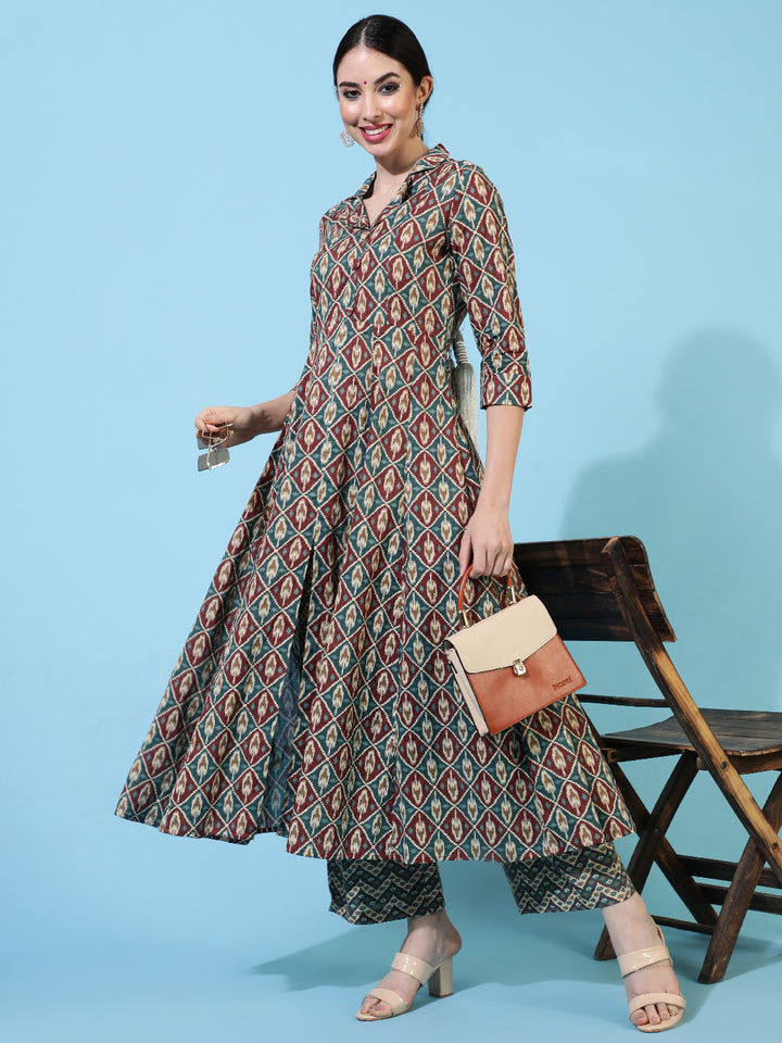 Cotton Calf Length Printed Flared 3/4 Sleeves Collar Kurta Bottom Set