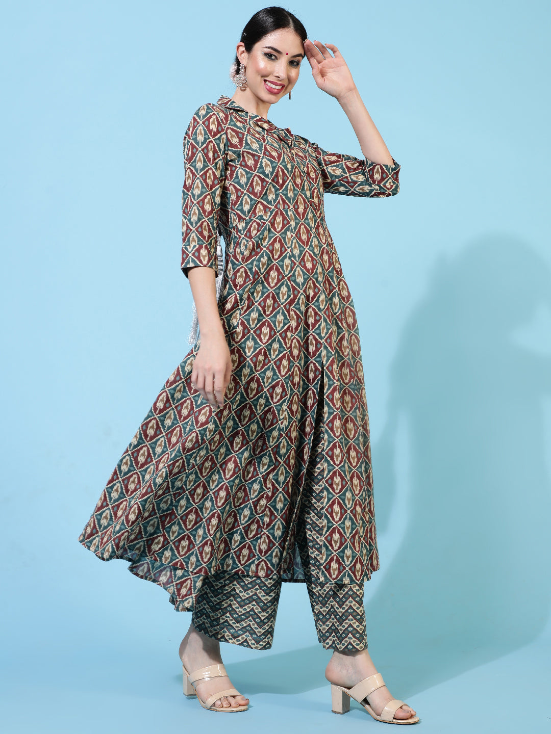 Cotton Calf Length Printed Flared 3/4 Sleeves Collar Kurta Bottom Set
