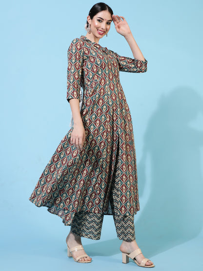 Cotton Calf Length Printed Flared 3/4 Sleeves Collar Kurta Bottom Set