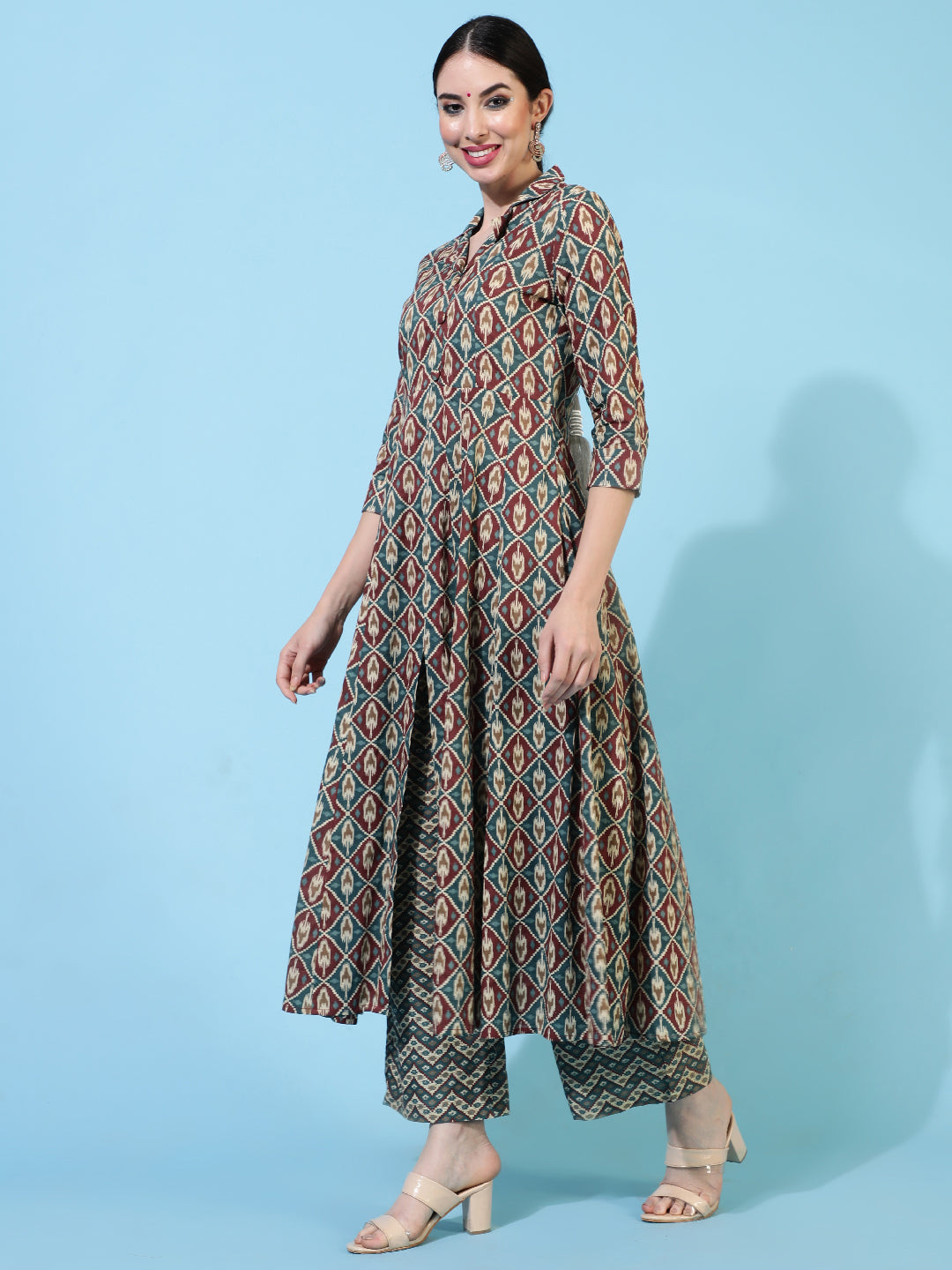 Cotton Calf Length Printed Flared 3/4 Sleeves Collar Kurta Bottom Set