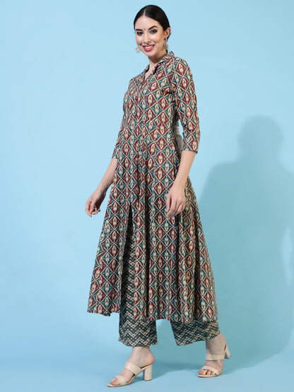 Cotton Calf Length Printed Flared 3/4 Sleeves Collar Kurta Bottom Set