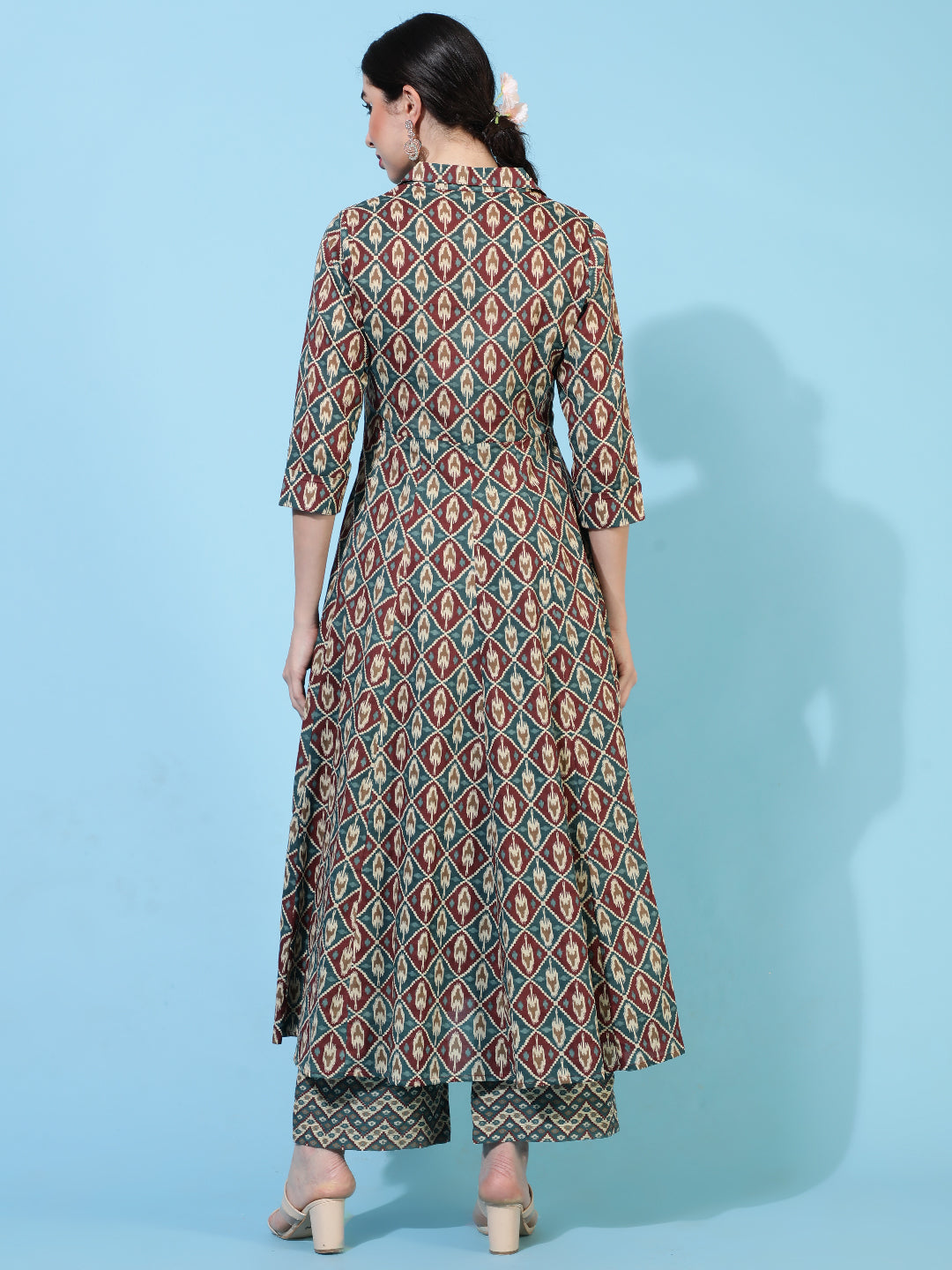 Cotton Calf Length Printed Flared 3/4 Sleeves Collar Kurta Bottom Set