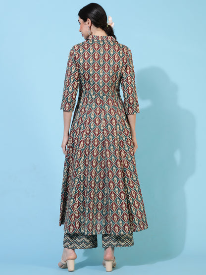 Cotton Calf Length Printed Flared 3/4 Sleeves Collar Kurta Bottom Set