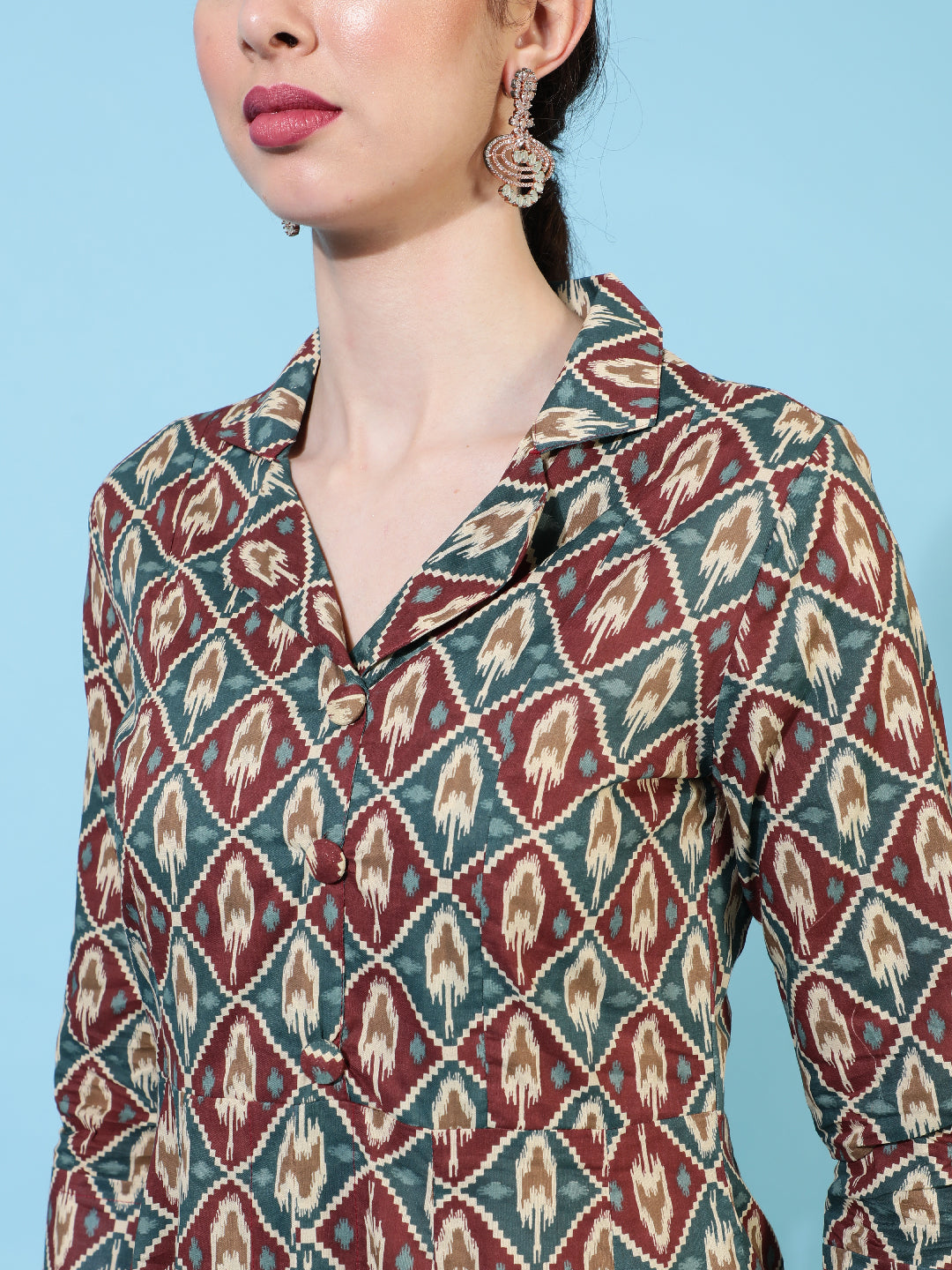 Cotton Calf Length Printed Flared 3/4 Sleeves Collar Kurta Bottom Set