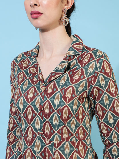 Cotton Calf Length Printed Flared 3/4 Sleeves Collar Kurta Bottom Set