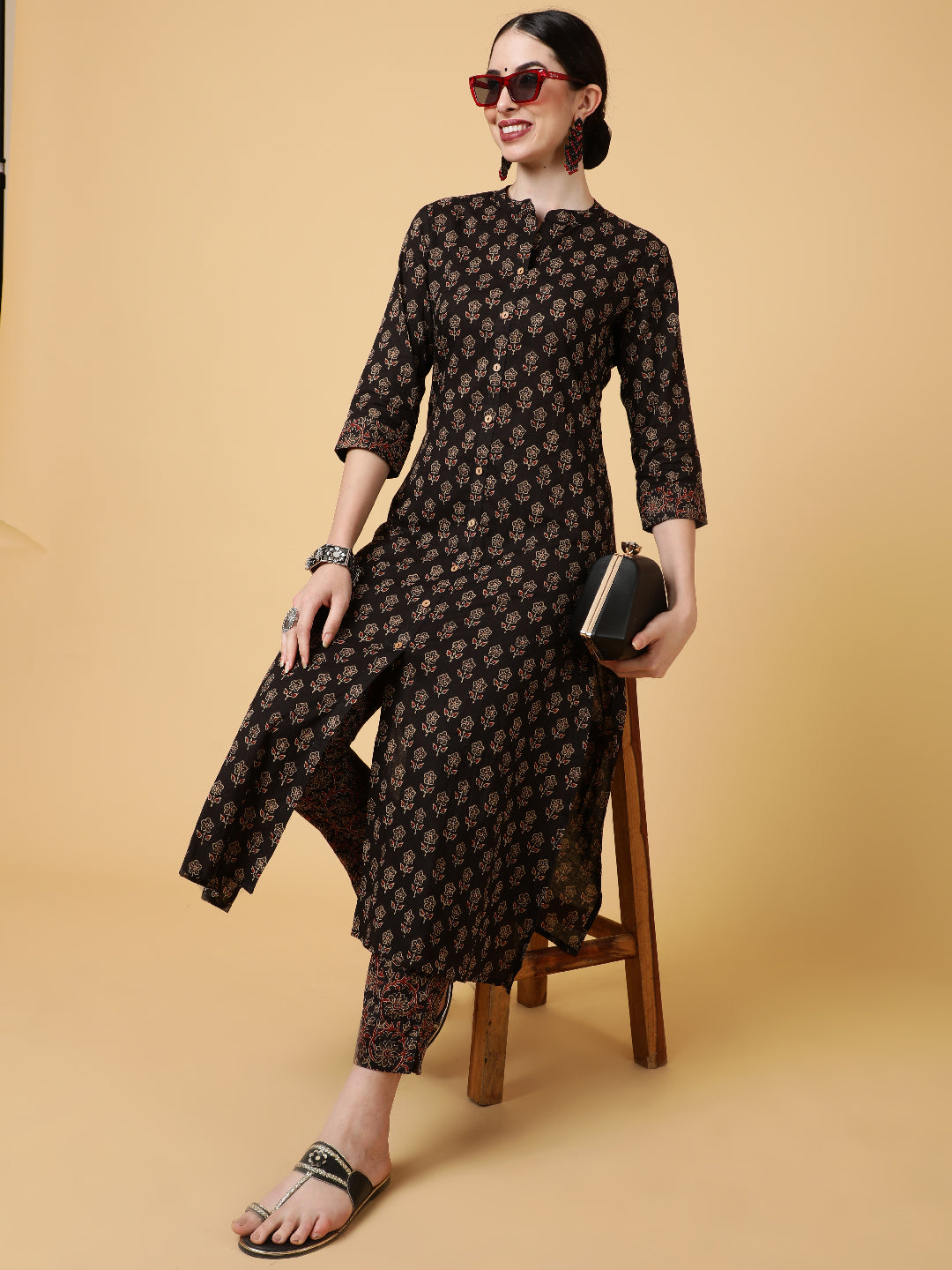 Cotton Calf Length Printed Straight 3/4 Sleeves Collar Kurta Bottom Set