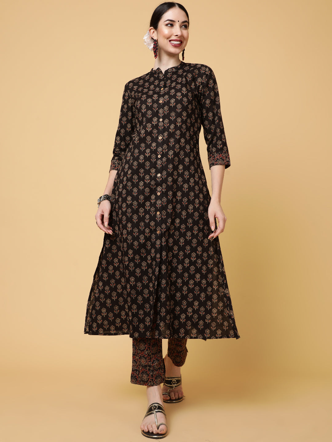 Cotton Calf Length Printed Straight 3/4 Sleeves Collar Kurta Bottom Set